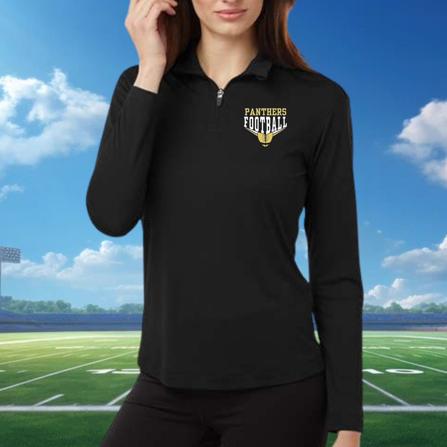 Women's Black Quarter Zip Panthers Football
